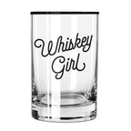 FULL MOOD 13oz clear glass rocks tumbler featuring Whiskey Girl text in black script for whiskey lovers
