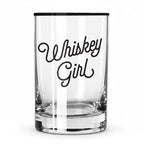 FULL MOOD 13oz clear glass rocks tumbler featuring Whiskey Girl text in elegant black script lettering