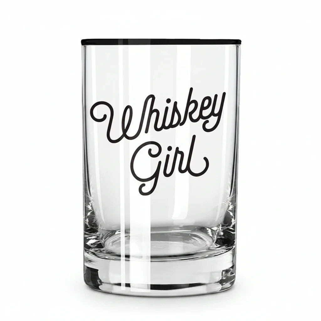 FULL MOOD 13oz clear glass rocks tumbler featuring Whiskey Girl text in black cursive script