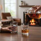 FULL MOOD 13oz Whiskey Girl rocks glass with black rim lettering being filled with whiskey in a cozy living room