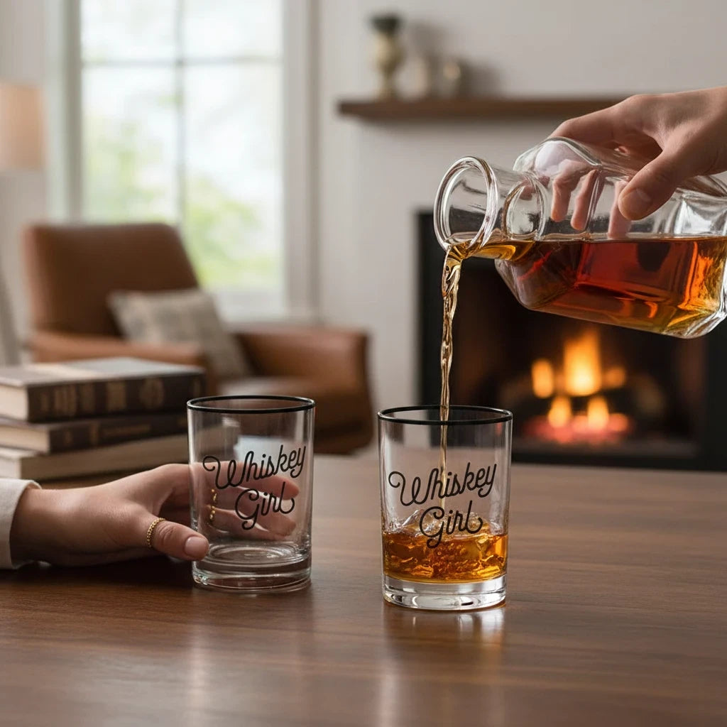 FULL MOOD 13oz Whiskey Girl rocks glass with black rim lettering being filled with whiskey in a cozy living room
