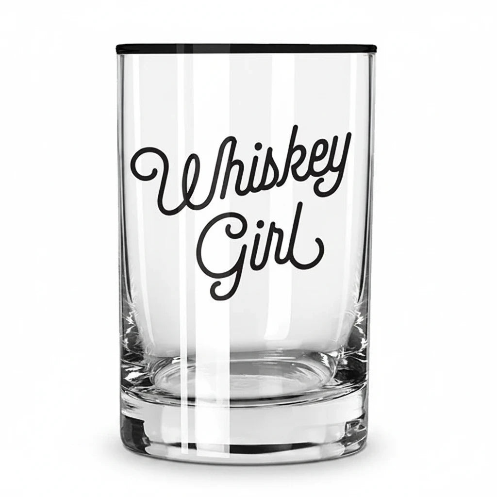 FULL MOOD 13oz clear glass rocks tumbler featuring Whiskey Girl in elegant black cursive script