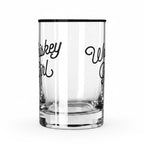 FULL MOOD 13oz clear glass rocks tumbler featuring black Whiskey Girl script lettering on a white background