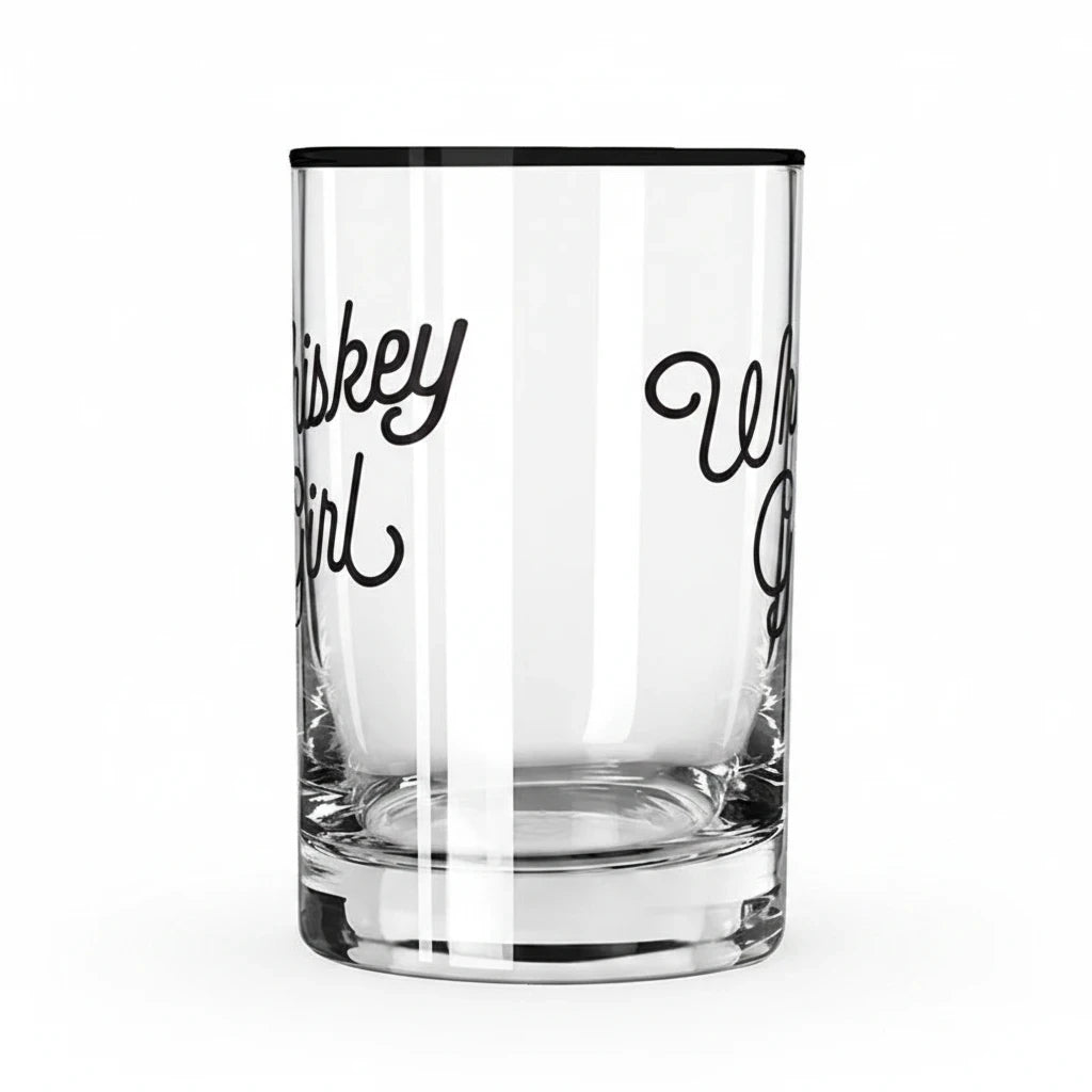 FULL MOOD 13oz clear glass rocks tumbler featuring black Whiskey Girl script lettering on a white background