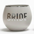FULL MOOD 14oz white wine glass with a metallic silver rim and silver BRIDE lettering for bridal celebrations
