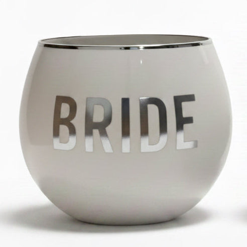 FULL MOOD 14oz white wine glass with a metallic silver rim and silver BRIDE lettering for bridal celebrations