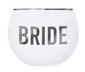FULL MOOD 14oz white wine glass featuring a metallic silver rim and the word BRIDE in matching silver lettering.