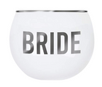 FULL MOOD 14oz white wine glass featuring a metallic silver rim and the word BRIDE in matching silver lettering.