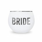 FULL MOOD 14oz white wine glass featuring a metallic silver rim and BRIDE lettering for bridal celebrations.