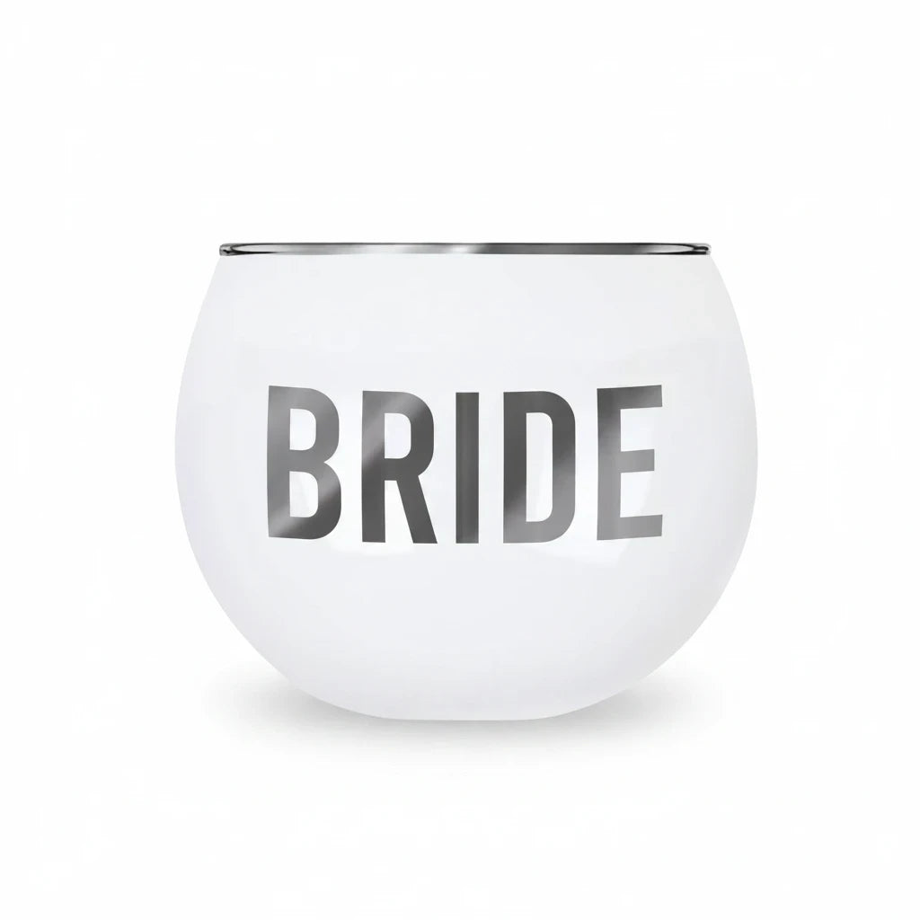FULL MOOD 14oz white wine glass featuring a metallic silver rim and BRIDE lettering for bridal celebrations.