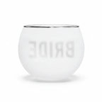 FULL MOOD 14oz white wine glass for a bride with a metallic silver rim and elegant lettering on a white background
