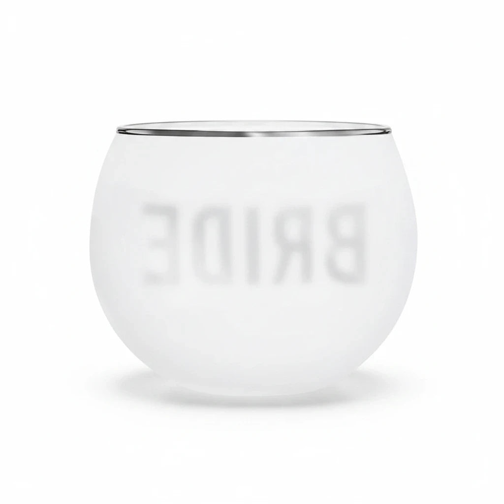FULL MOOD 14oz white wine glass for a bride with a metallic silver rim and elegant lettering on a white background