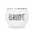 FULL MOOD 14oz white wine glass with a metallic silver rim and BRIDE lettering in matching silver font