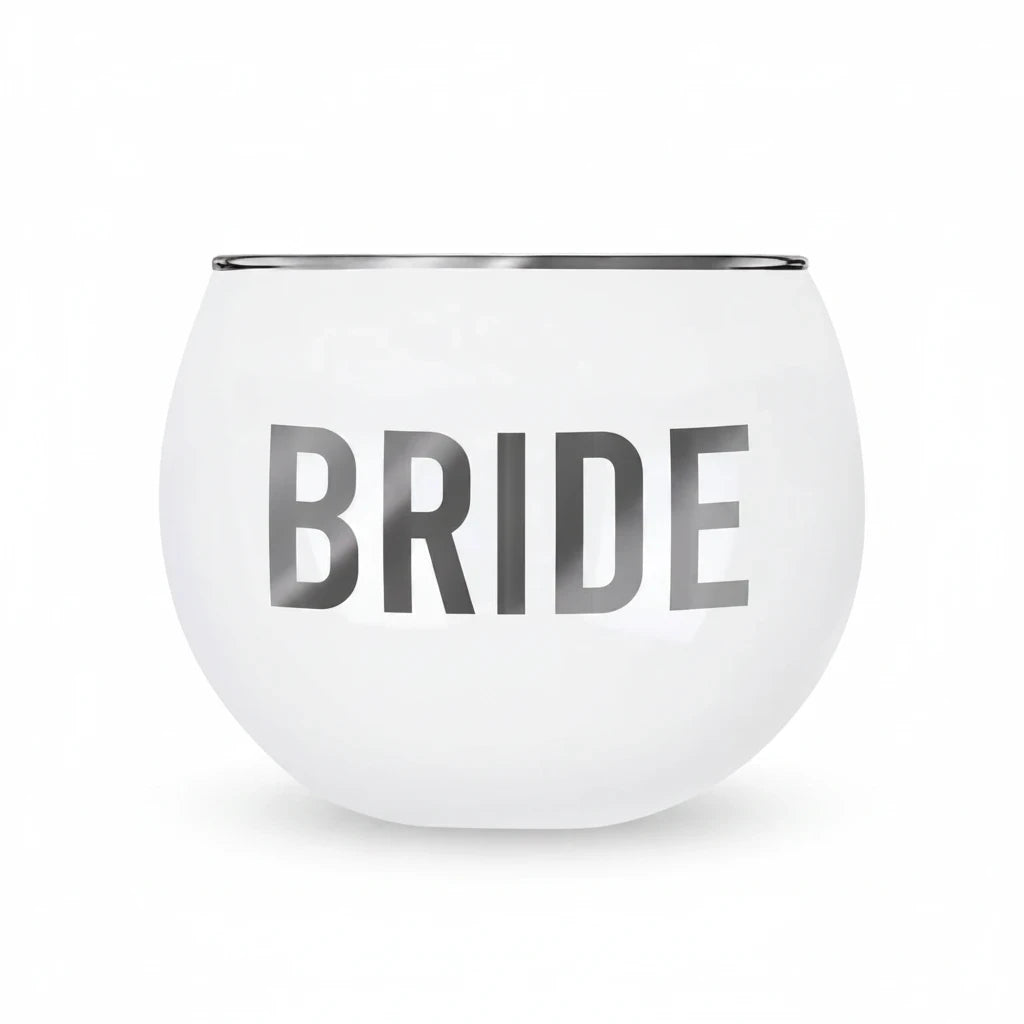 FULL MOOD 14oz white wine glass with a metallic silver rim and BRIDE lettering in matching silver font