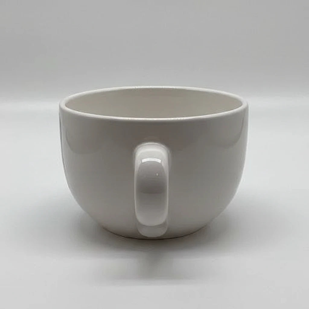 FULL MOOD 24 oz white ceramic gumbo mug with a wide handle, dishwasher and microwave safe.
