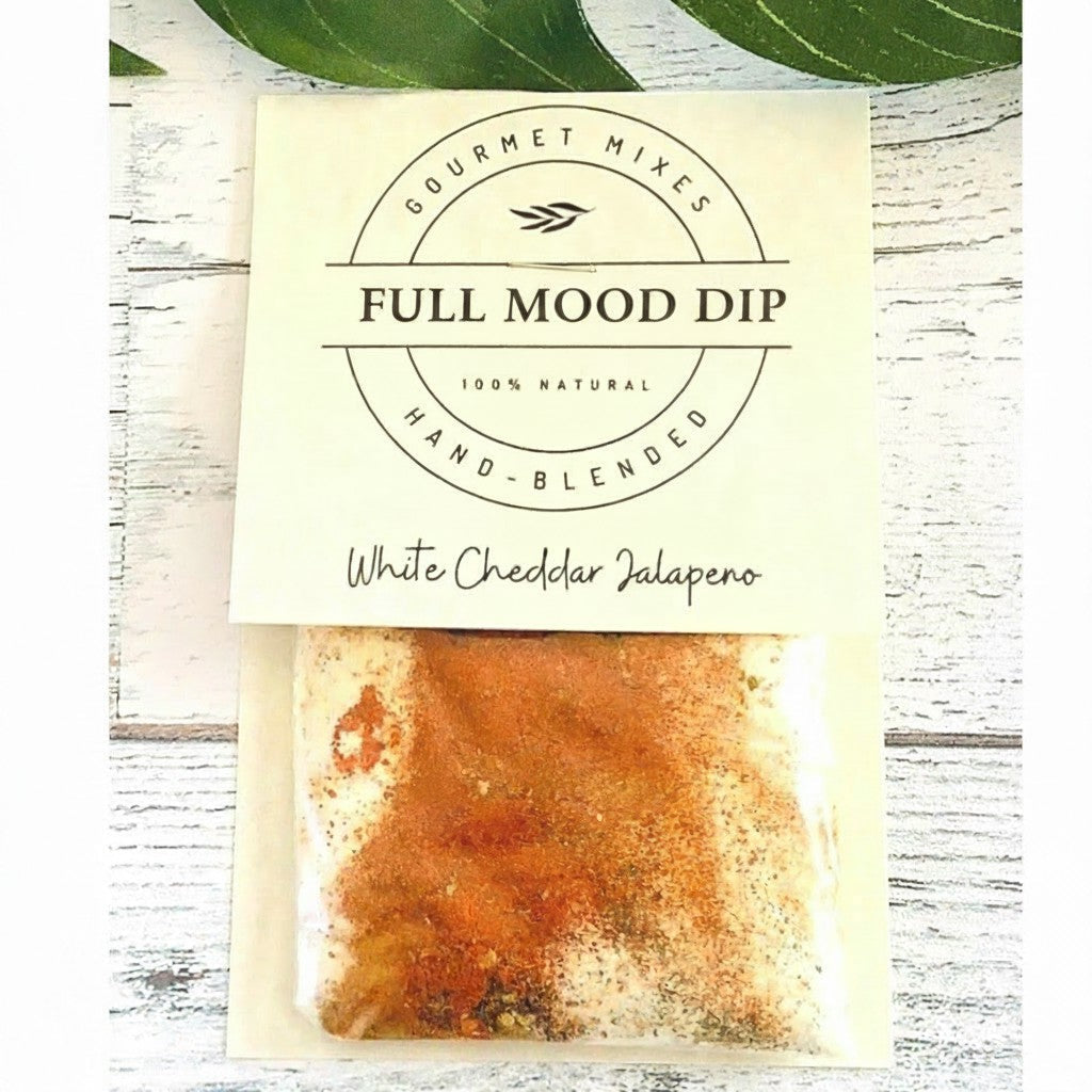 FULL MOOD White Cheddar Jalapeno dip mix packet with visible spices like red pepper flakes and cheddar cheese powder