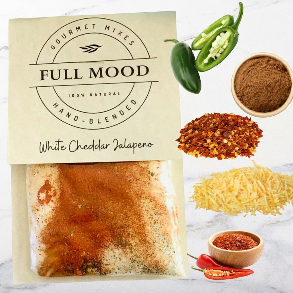FULL MOOD White Cheddar Jalapeno dip mix packet with fresh jalapeno, red pepper flakes, and cheddar cheese powder
