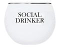 FULL MOOD white stemless wine glass with Social Drinker black typography and a polished silver-tone rim.