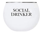 FULL MOOD white stemless wine glass with Social Drinker black typography and a polished silver-tone rim.