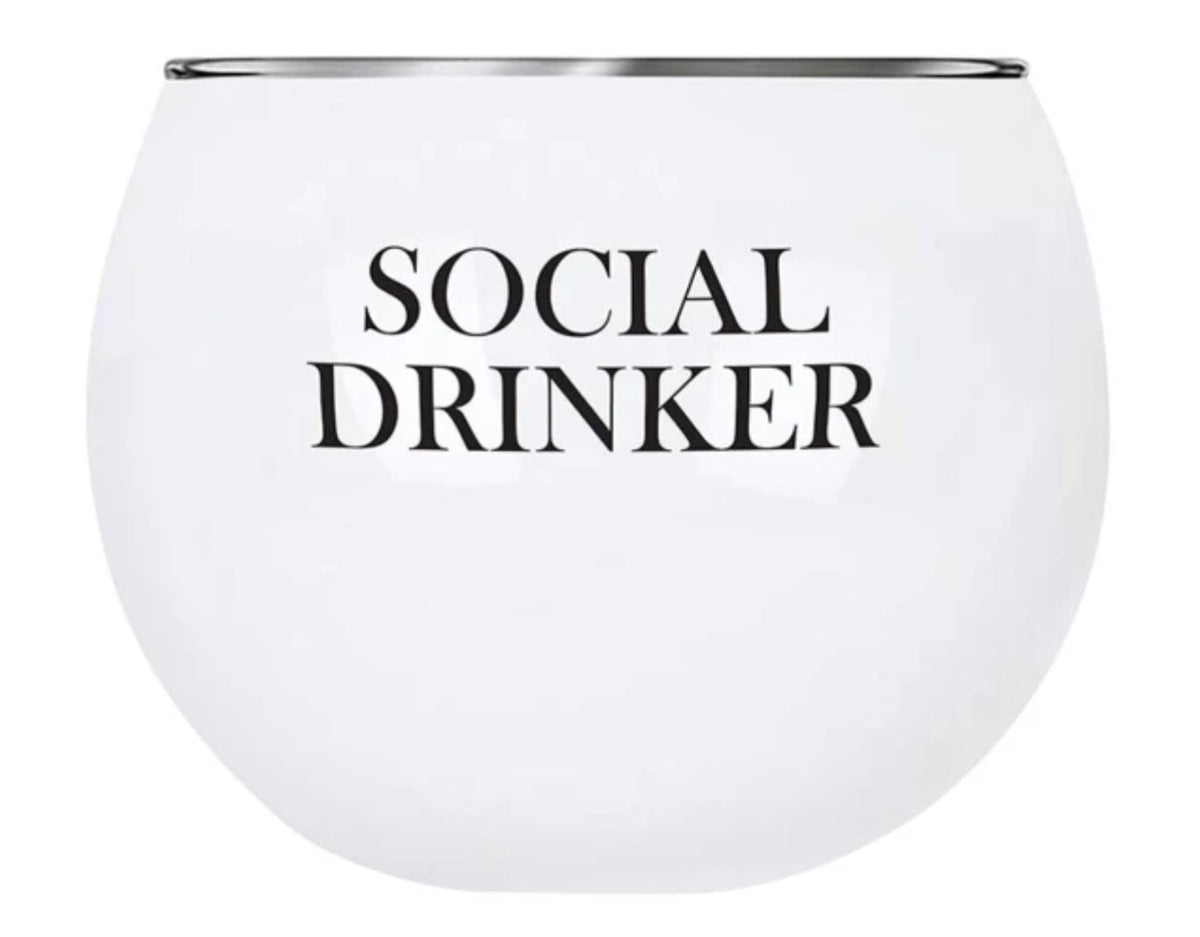 FULL MOOD white stemless wine glass with Social Drinker black typography and a polished silver-tone rim.