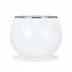 FULL MOOD stemless wine glass in white glass with a polished silver-tone rim on a white background