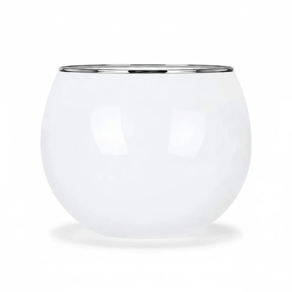 FULL MOOD stemless wine glass in white glass with a polished silver-tone rim on a white background