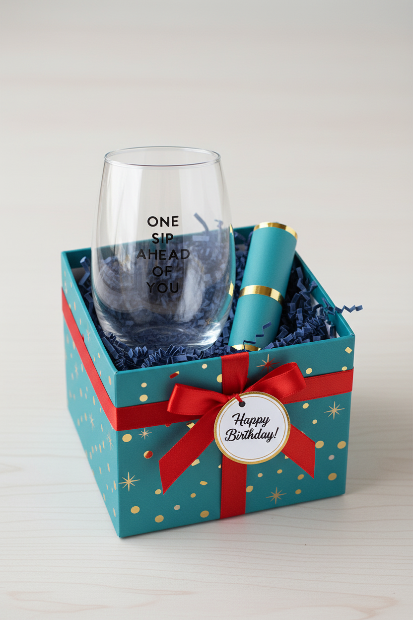 FULL MOOD stemless wine glass with One Sip Ahead of You text, presented in a teal birthday gift box with red ribbon.