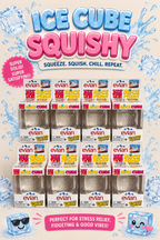 A promotional collage for evian Ice Cube Squishy stress relief toys, showing multiple boxed blind packs arranged in a grid on a light beige background with ice splash graphics and pink text banners.