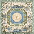 A square mahjong mat design featuring a classic chinoiserie pattern with blue and green watercolor-style illustrations of herons, a paddle steamer, houses, lanterns, and a large white flower in the center, framed by a Greek key border.
Louisiana