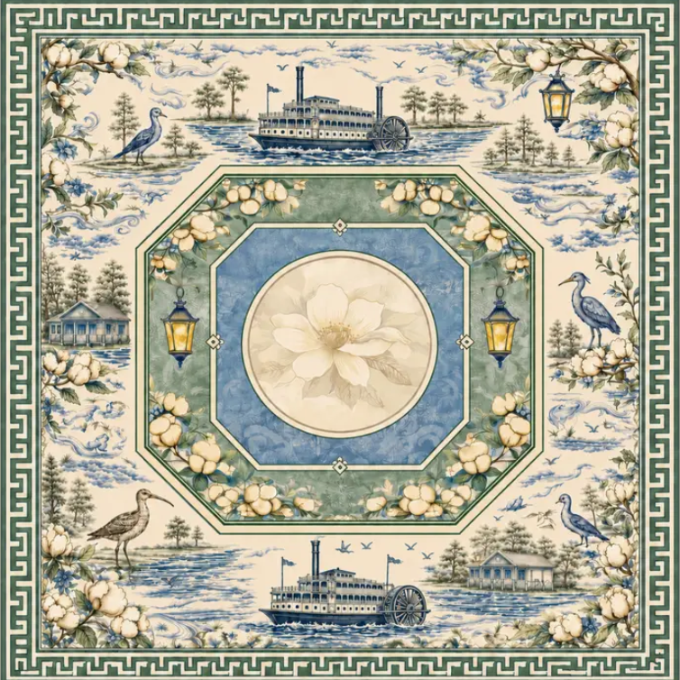 A square mahjong mat design featuring a classic chinoiserie pattern with blue and green watercolor-style illustrations of herons, a paddle steamer, houses, lanterns, and a large white flower in the center, framed by a Greek key border.
Louisiana