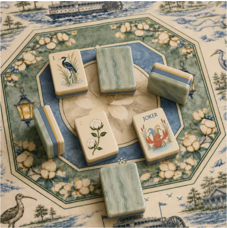A set of decorative mahjong-style tiles arranged on a blue and cream floral game board. The tiles include illustrated bird, flower, striped blue-and-white, and joker designs, with one tile showing a red-and-orange crab and another reading "JOKER.