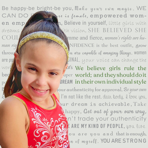 Young girl with a gold headband smiling in front of motivational text