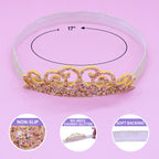 Decorative tiara  headband with glittery design on a pink background, showing measurements and feature icons.