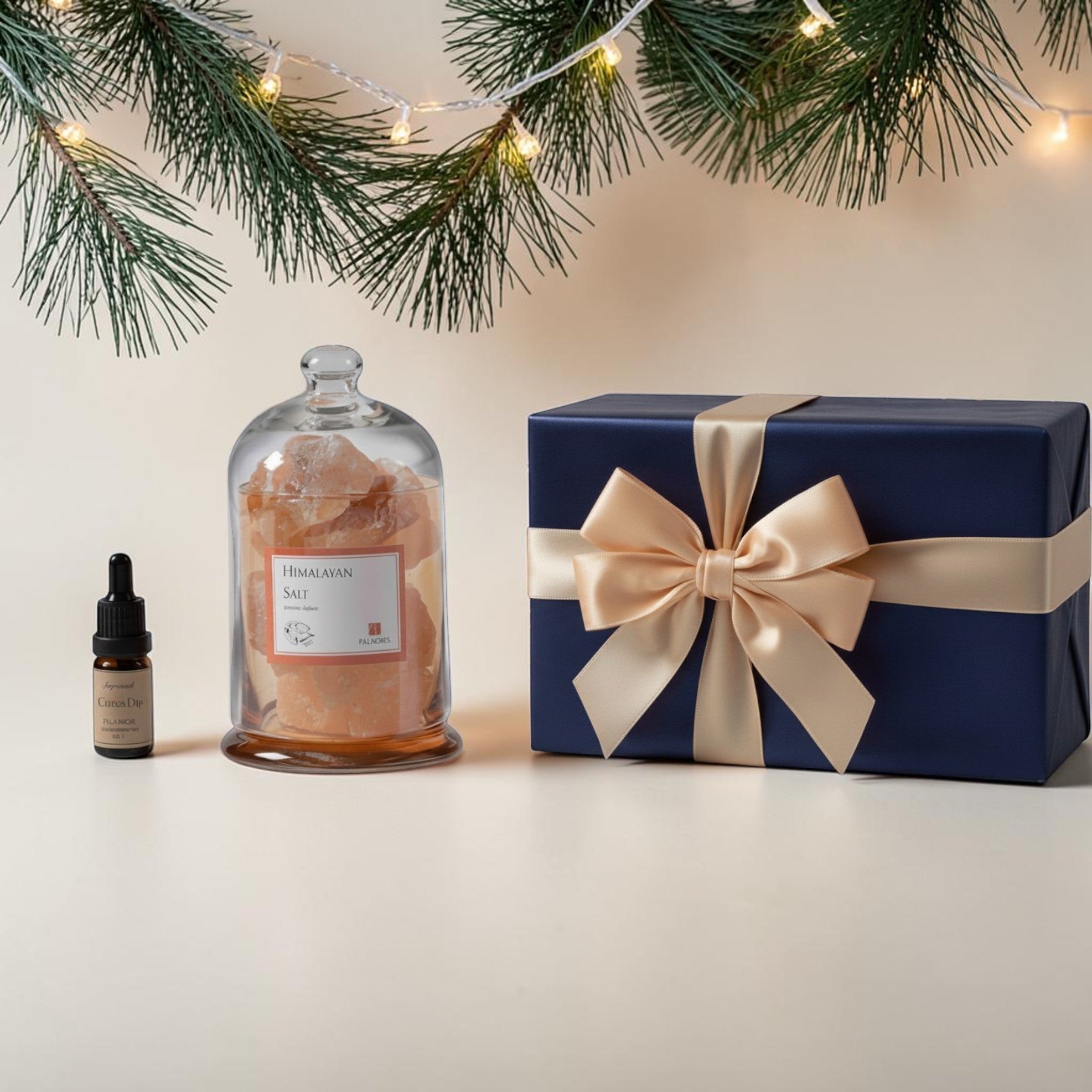 FULL MOOD Himalayan Salt gemstone diffuser with fragrance oil and a blue gift box under pine branches with fairy lights