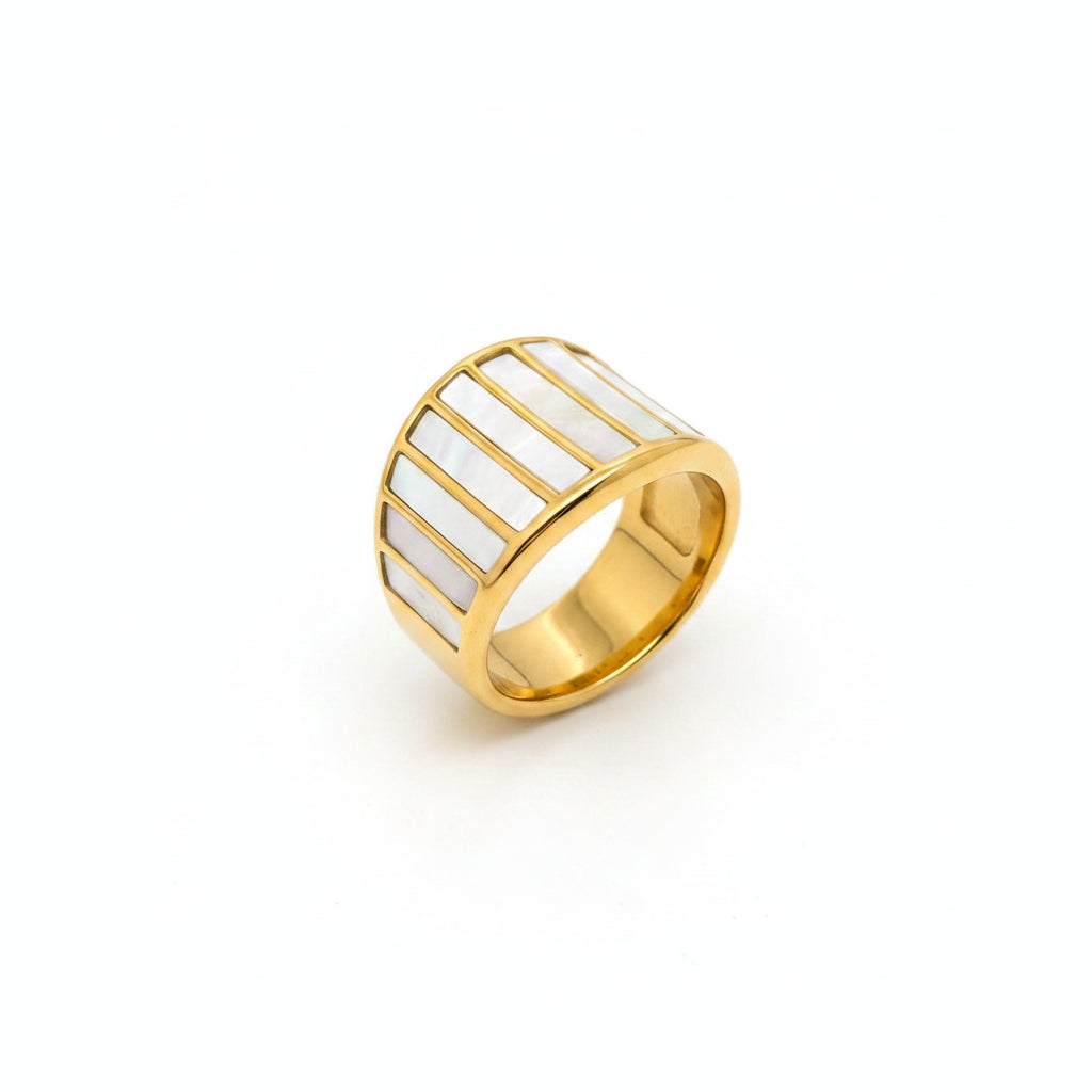 Inlaid Bar Shell 18K Gold Plated Stainless Steel Ring - FGS